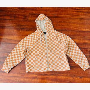 VANS Women Checkered Orange & Cream Streetwear Short Hoodie Sweatshirt Size M